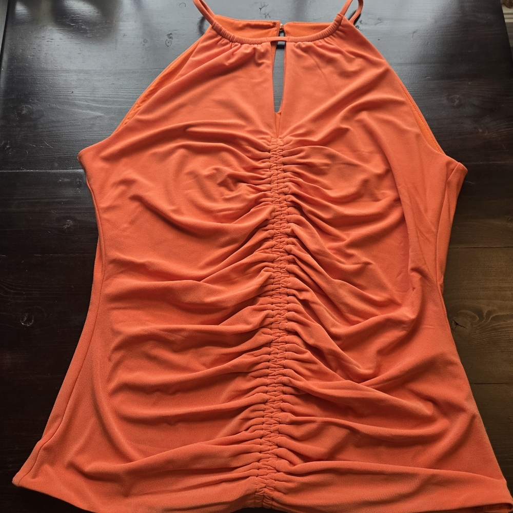 White House Black Market Women's Medium Bright Orange Halter Tank Top Ruched - Picture 3 of 6